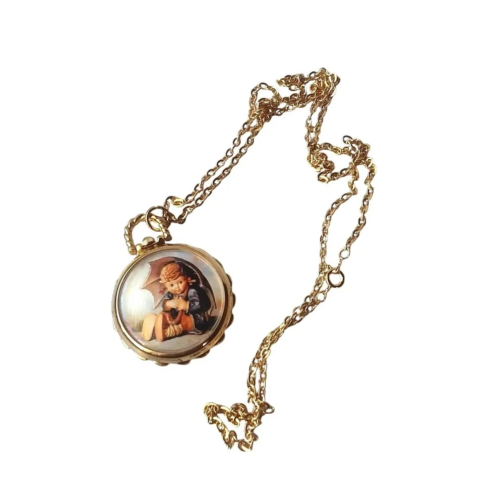 Vintage M.I. Hummel Umbrella Girl Pocket Watch‎ Necklace Gold Tone HU9003 Japan